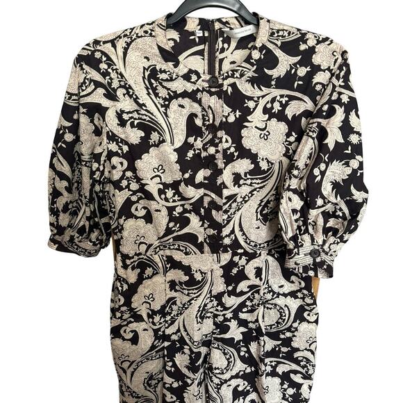 Rebecca Taylor NWOT Paisley Jumpsuit Belted Waist Puff Sleeves Espresso Size XS - Picture 4 of 12